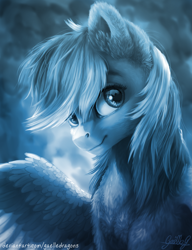Size: 3529x4600 | Tagged: safe, artist:gaelledragons, character:rainbow dash, species:pegasus, species:pony, abstract background, bust, cheek fluff, chest fluff, cute, dashabetes, detailed, ear fluff, eye reflection, female, fluffy, looking at you, mare, monochrome, neck fluff, portrait, reflection, shoulder fluff, smiling, solo, wing fluff