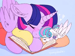 Size: 2048x1536 | Tagged: safe, artist:incendiaryboobs, character:princess flurry heart, character:twilight sparkle, character:twilight sparkle (alicorn), species:alicorn, species:pony, aunt and niece, baby, baby pony, best aunt ever, blushing, book, cute, female, filly, flurrybetes, mare, sleeping, twiabetes