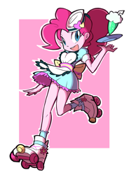 Size: 1400x1900 | Tagged: safe, artist:rvceric, character:pinkie pie, episode:coinky-dink world, eqg summertime shorts, g4, my little pony: equestria girls, my little pony:equestria girls, clothing, cute, diapinkes, dress, female, looking at you, milkshake, open mouth, ponytail, roller skates, server pinkie pie, skirt, socks, solo, waitress
