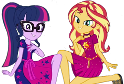 Size: 2048x1384 | Tagged: safe, artist:php77, edit, edited screencap, editor:php77, screencap, character:sunset shimmer, character:twilight sparkle, character:twilight sparkle (scitwi), species:eqg human, episode:i'm on a yacht, g4, my little pony: equestria girls, my little pony:equestria girls, spoiler:eqg series (season 2), background removed, choker, duo, female, geode of empathy, glasses, hand on chest, lidded eyes, looking at you, magical geodes, simple background, smiling, transparent background