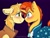 Size: 2048x1536 | Tagged: safe, artist:incendiaryboobs, character:braeburn, character:sunburst, species:earth pony, species:pony, species:unicorn, blushing, braeburst, colored eyebrows, crack shipping, dark background, eyebrows, floppy ears, gay, looking at each other, male, profile, purple background, shipping, signature, simple background, smiling, stallion