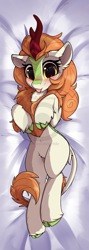 Size: 1506x4222 | Tagged: safe, artist:rileyisherehide, character:autumn blaze, species:kirin, episode:sounds of silence, g4, my little pony: friendship is magic, awwtumn blaze, belly button, blep, blushing, body pillow design, chest fluff, cute, eyelashes, female, floppy ears, obtrusive watermark, patreon, patreon logo, silly, solo, tongue out, unshorn fetlocks, watermark