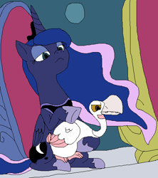 Size: 500x564 | Tagged: safe, artist:mojo1985, character:princess luna, species:alicorn, species:bird, species:pony, episode:sparkle's seven, g4, my little pony: friendship is magic, animal, duo, ethereal mane, female, goose, lidded eyes, luna petting goose, mare, petting, scene interpretation, throne
