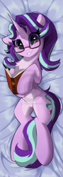 Size: 1506x4222 | Tagged: safe, artist:rileyisherehide, character:starlight glimmer, species:pony, species:unicorn, alternate design, blushing, body pillow design, book, chest fluff, cute, female, floppy ears, glasses, glimmerbetes, human shoulders, looking at you, mare, obtrusive watermark, pale belly, reading glasses, solo, watermark