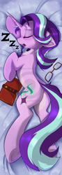 Size: 1506x4222 | Tagged: safe, artist:rileyisherehide, character:starlight glimmer, species:pony, species:unicorn, alternate design, blushing, body pillow design, book, butt, cute, eyes closed, female, floppy ears, glasses, glimmer glutes, glimmerbetes, mare, obtrusive watermark, onomatopoeia, pale belly, patreon, patreon logo, plot, reading glasses, sleeping, solo, sound effects, underhoof, watermark, zzz