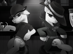 Size: 7164x5400 | Tagged: safe, artist:taneysha, character:rainbow dash, character:rarity, species:pony, episode:sparkle's seven, g4, my little pony: friendship is magic, bow, bowler hat, clothing, detective rarity, duo, hat, juice, juice box, monochrome, noir, nose wrinkle, scar, scene interpretation, scrunchy face