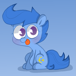 Size: 663x664 | Tagged: safe, artist:pinkiespresent, character:archer, species:pony, archer (character), blep, blue background, blushing, cute, female, filly, no pupils, scootablue, silly, simple background, solo, tongue out