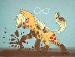 Size: 2048x1536 | Tagged: safe, artist:incendiaryboobs, character:applejack, species:earth pony, species:pony, blushing, chest fluff, cute, dawwww, dirty, eyes closed, female, happy, horses doing horse things, infinity symbol, jackabetes, mare, mud, muddy, muddy hooves, open mouth, rearing, silly, silly pony, smiling, solo, splashing, who's a silly pony