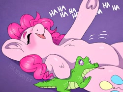 Size: 2048x1536 | Tagged: safe, artist:incendiaryboobs, character:gummy, character:pinkie pie, species:earth pony, species:pony, blushing, chest fluff, crying, cute, diapinkes, duo, ear fluff, female, heart, hoof heart, laughing, leg fluff, mare, on back, open mouth, purple background, simple background, tears of laughter