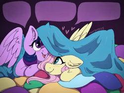 Size: 2048x1536 | Tagged: safe, artist:incendiaryboobs, character:fluttershy, character:twilight sparkle, character:twilight sparkle (alicorn), species:alicorn, species:pegasus, species:pony, ship:twishy, blanket, cute, dialogue, duo, female, heart, lesbian, shipping, shyabetes, signature, speech bubble, twiabetes, under blanket