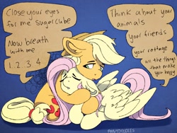 Size: 2048x1536 | Tagged: safe, artist:incendiaryboobs, character:applejack, character:fluttershy, species:earth pony, species:pegasus, species:pony, comforting, friendship, hug, panic attack, prone