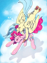 Size: 1536x2048 | Tagged: safe, artist:incendiaryboobs, character:pinkie pie, character:princess skystar, species:pony, ship:skypie, cloud, female, holding a pony, lesbian, shipping, underhoof