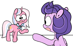 Size: 863x545 | Tagged: safe, artist:pinkiespresent, character:clear skies, character:clear sky, species:pegasus, species:pony, species:unicorn, episode:common ground, g4, my little pony: friendship is magic, duo, female, looking at you, mare, open mouth, pointing, spider-man points at spider-man