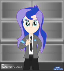 Size: 1182x1310 | Tagged: safe, artist:anime-equestria, character:princess luna, species:human, my little pony:equestria girls, android, belt, clothing, coin, connor, cosplay, costume, detroit: become human, elevator, female, human coloration, human female, jacket, looking at you, necktie, pants, smiling, solo, vector
