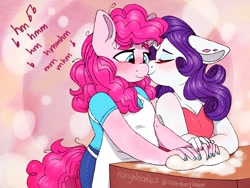 Size: 2048x1536 | Tagged: safe, artist:incendiaryboobs, character:pinkie pie, character:rarity, species:anthro, species:earth pony, species:pony, species:unicorn, ship:raripie, apron, clothing, cute, dough, eyes closed, female, lesbian, mare, nail polish, nuzzling, shipping, smiling