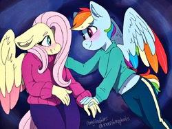 Size: 2048x1536 | Tagged: safe, artist:incendiaryboobs, character:fluttershy, character:rainbow dash, species:anthro, ship:flutterdash, clothing, colored wings, female, multicolored wings, rainbow wings, shipping, sweater, sweatershy, trans male, transgender, two toned wings, wings