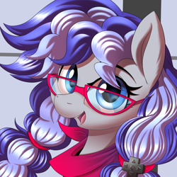 Size: 3000x3000 | Tagged: safe, artist:ask-colorsound, oc, oc only, oc:cinnabyte, species:earth pony, species:pony, bandana, earth pony oc, female, glasses, icon, looking at you, mare, neckerchief, open mouth, pigtails, simple background, smiling, solo