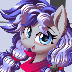 Size: 3000x3000 | Tagged: safe, artist:ask-colorsound, oc, oc only, oc:cinnabyte, species:earth pony, species:pony, bandana, blue eyes, earth pony oc, female, icon, looking at you, mare, neckerchief, pigtails, purple, simple background, smiling, solo