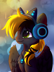 Size: 1575x2100 | Tagged: safe, artist:zobaloba, oc, oc:shade demonshy, species:pegasus, species:pony, commission, digital art, female, headphones, lightning, rain, shading, simple background, solo, ych example, ych result, your character here