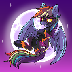 Size: 2500x2500 | Tagged: safe, artist:ask-colorsound, character:rainbow dash, species:pegasus, species:pony, episode:luna eclipsed, g4, my little pony: friendship is magic, clothing, costume, female, full moon, goggles, latex, moon, night, nightmare night, nightmare night costume, scene interpretation, shadowbolt dash, shadowbolts, shadowbolts costume, smiling, solo, underhoof