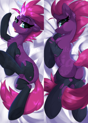 Size: 1506x2111 | Tagged: safe, alternate version, artist:rileyisherehide, character:tempest shadow, species:pony, species:unicorn, blushing, body pillow, body pillow design, broken horn, butt, chest fluff, clothing, dock, ear fluff, eye scar, female, floppy ears, glowing horn, horn, leg fluff, lightly watermarked, looking at you, looking back, looking back at you, mare, patreon, plot, ripped stockings, scar, socks, solo, stockings, thigh highs, torn clothes, watermark
