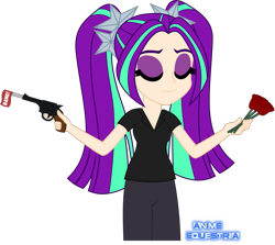 Size: 1257x1123 | Tagged: safe, artist:anime-equestria, character:aria blaze, species:human, my little pony:equestria girls, clothing, eyes closed, fake gun, female, flower, gun, human coloration, humanized, pigtails, rose, shirt, simple background, smiling, solo, transparent background, twintails, vector, weapon