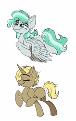 Size: 4044x6408 | Tagged: safe, artist:celestial-rainstorm, oc, oc only, oc:mistfeather, oc:turnback, parent:derpy hooves, parent:doctor whooves, parent:sky stinger, parent:vapor trail, parents:doctorderpy, parents:vaporsky, species:pegasus, species:pony, species:unicorn, female, mare, offspring, simple background, tongue out, white background
