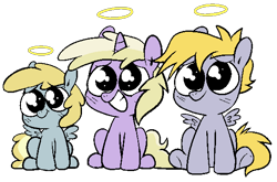 Size: 581x383 | Tagged: safe, artist:pinkiespresent, character:chirpy hooves, character:crackle pop, character:dinky hooves, species:pegasus, species:pony, species:unicorn, brother and sister, chirpy hooves, female, filly, halo, innocent, male, puppy dog eyes, siblings, sitting, smiling, trio