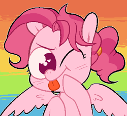 Size: 374x342 | Tagged: safe, artist:pinkiespresent, character:bifröst, species:pegasus, species:pony, background pony, blep, bust, cute, female, friendship student, heart eyes, mare, no pupils, one eye closed, ponytail, portrait, rainbow background, solo, tongue out, wingding eyes, wink