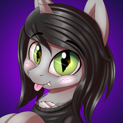 Size: 3000x3000 | Tagged: safe, artist:ask-colorsound, species:pony, species:unicorn, blushing, bust, clothing, commission, cute, disguise, disguised siren, eyebrows, fangs, gradient background, happy, horn, jewelry, kellin quinn, looking at you, male, necklace, ponified, shirt, sleeping with sirens, slit eyes, solo, stallion, tongue out, ych result