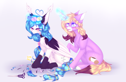 Size: 3931x2560 | Tagged: safe, artist:honeybbear, oc, oc only, oc:beatz, oc:cocoa butter, species:pegasus, species:pony, species:unicorn, female, magic, mare, nocturnal howler, original species, scissors, two toned wings, wings