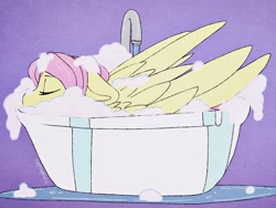 Size: 2048x1536 | Tagged: safe, artist:incendiaryboobs, character:fluttershy, species:pegasus, species:pony, bath, bathing, bathtub, bubble, cute, eyes closed, female, mare, purple background, relaxation, shyabetes, simple background, solo, suds, water