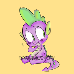 Size: 1000x1000 | Tagged: safe, artist:drawbauchery, character:spike, species:dragon, blushing, cute, male, simple background, sitting, solo, spikabetes, watermark, yellow background