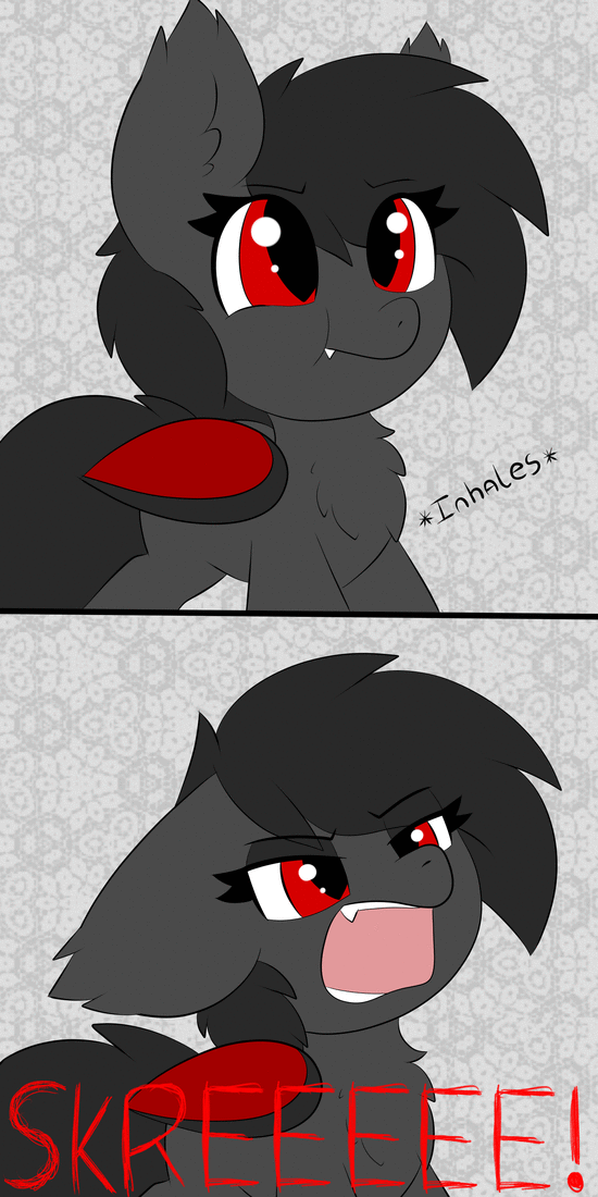 Size: 550x1100 | Tagged: safe, artist:miss-jessiie, oc, oc:qetesh, species:bat pony, species:pony, :t, abstract background, angry, animated, bat pony oc, chest fluff, cute, ear fluff, ear tufts, eeee, fangs, female, frown, gif, glare, inhaling, looking up, madorable, mare, ocbetes, open mouth, red and black oc, screaming, skree, solo, vibrating, weapons-grade cute