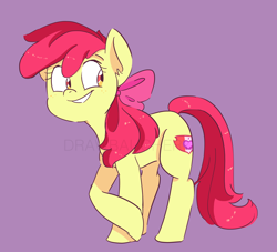 Size: 1280x1163 | Tagged: safe, artist:drawbauchery, character:apple bloom, species:earth pony, species:pony, adorabloom, bow, cute, cutie mark, ear fluff, female, filly, hair bow, lightly watermarked, purple background, simple background, smiling, solo, the cmc's cutie marks, watermark