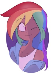 Size: 893x1280 | Tagged: safe, artist:drawbauchery, character:rainbow dash, species:human, abstract background, bust, clothing, cute, dark skin, dashabetes, female, hoodie, human coloration, humanized, one eye closed, solo, tank top, wink