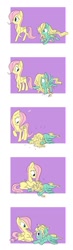 Size: 500x1701 | Tagged: safe, artist:drawbauchery, character:fluttershy, character:zephyr breeze, species:pegasus, species:pony, brother and sister, chest fluff, colt, colt zephyr breeze, comic, cute, duo, ear fluff, faceplant, female, filly, filly fluttershy, hair over one eye, long hair, loose hair, male, manbun, ponyloaf, prone, shyabetes, siblings, tripping, younger, zephyrbetes