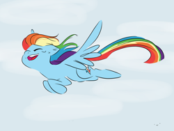 Size: 1280x960 | Tagged: safe, artist:drawbauchery, character:rainbow dash, species:pegasus, species:pony, cute, dashabetes, eyes closed, female, flying, mare, open mouth, sky, solo, spread wings, wings