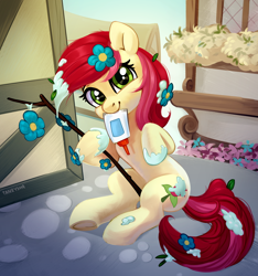Size: 4048x4328 | Tagged: safe, artist:taneysha, character:roseluck, species:earth pony, species:pony, episode:student counsel, absurd resolution, cute, cuteluck, female, flowering branch, glue, looking at you, mare, mouth hold, silly, silly pony, smiling, solo, stick