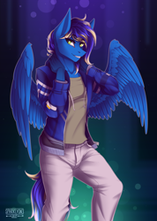 Size: 3200x4500 | Tagged: safe, alternate version, artist:sparklyon3, rcf community, oc, oc:m3, species:anthro, species:pegasus, species:pony, clothing, commission, male, solo