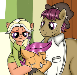 Size: 2889x2794 | Tagged: safe, artist:doraeartdreams-aspy, character:mane allgood, character:scootaloo, character:snap shutter, species:earth pony, species:pegasus, species:pony, ship:maneshutter, episode:the last crusade, g4, my little pony: friendship is magic, clothing, crying, eyes closed, family, father and daughter, female, filly, hat, hug, like father like daughter, like mother like daughter, male, mare, mother and daughter, shipping, shirt, stallion, straight, tears of joy, unshorn fetlocks