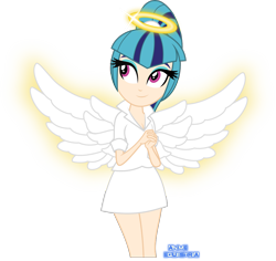 Size: 1102x1039 | Tagged: safe, artist:anime-equestria, character:sonata dusk, species:human, my little pony:equestria girls, angel, beautiful, clothing, eyeshadow, female, glow, halo, human coloration, humanized, makeup, miniskirt, ponytail, simple background, skirt, smiling, solo, transparent background, vector, wings