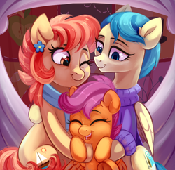 Size: 2088x2020 | Tagged: safe, artist:taneysha, character:aunt holiday, character:auntie lofty, character:scootaloo, species:earth pony, species:pegasus, species:pony, episode:the last crusade, g4, my little pony: friendship is magic, clothing, cute, cutealoo, dawwww, eyes closed, family, female, flower, flower in hair, group hug, happy, hug, scarf, scootalove, smiling, sweater, trio