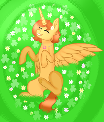 Size: 1664x1952 | Tagged: safe, artist:doraeartdreams-aspy, oc, oc only, oc:aspen, species:alicorn, species:pony, alicorn oc, clover, cute, eyes closed, flower, flower in hair, happy, hippie, holiday, jewelry, lucky, necklace, peace symbol, rolling, saint patrick's day, smiling