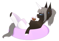 Size: 2900x2000 | Tagged: safe, artist:honeybbear, oc, oc:silent harmony, species:pony, species:unicorn, coconut, female, food, inner tube, mare, simple background, solo, transparent background
