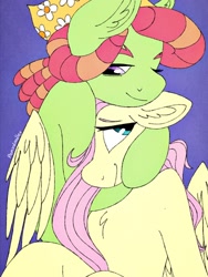 Size: 960x1280 | Tagged: safe, artist:incendiaryboobs, character:fluttershy, character:tree hugger, species:earth pony, species:pegasus, species:pony, ship:flutterhugger, bandana, duo, female, hug, lesbian, mare, shipping, simple background, sitting, smiling, wings
