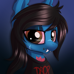 Size: 2250x2250 | Tagged: safe, artist:ask-colorsound, species:earth pony, species:pony, bloodshot eyes, bring me the horizon, bust, clothing, colored sclera, commission, eye clipping through hair, fangs, frown, grumpy, hair over one eye, lidded eyes, lip piercing, looking at you, male, oliver sykes, piercing, ponified, scar, shirt, solo, stallion, tattoo, torn ear, undead, ych result, zombie, zombie pony