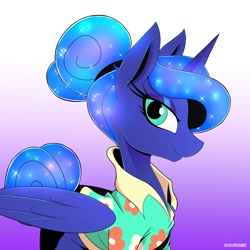 Size: 1024x1024 | Tagged: safe, artist:ask-colorsound, character:princess luna, species:alicorn, species:pony, episode:between dark and dawn, g4, my little pony: friendship is magic, alternate hairstyle, clothing, eyeshadow, female, folded wings, gradient background, hair bun, hawaiian shirt, lidded eyes, looking at you, lunabetes, makeup, mare, profile, shirt, side view, solo, sparkling mane, tail bun, wings
