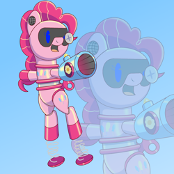 Size: 2000x2000 | Tagged: safe, artist:trackheadtherobopony, character:pinkie pie, species:pony, arm cannon, female, jumping, party cannon, pinkie bot, robot, robot pony, roboticization, solo, springs, zoom layer