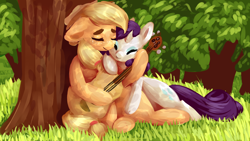 Size: 1280x720 | Tagged: safe, artist:incendiaryboobs, character:applejack, character:rarity, species:earth pony, species:pony, species:unicorn, ship:rarijack, beanbrows, clothing, cowboy hat, cute, dappled sunlight, eyebrows, eyes closed, female, grass, guitar, hat, hoof hold, lesbian, mare, shipping, tree
